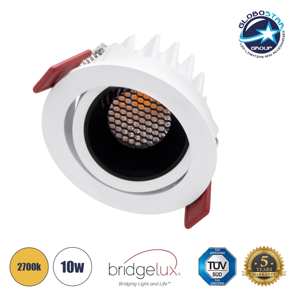 GLOBOSTAR® LEO-R 60283 Χωνευτό Κινούμενο Downlight Σποτ με Honeycomb Anti Glare Reflector LED 10W 1250lm 38° AC 220-240V IP20 Θερμό Λευκό 2700K - Bridgelux COB Chip & TÜV SÜD Driver - Λευκό & Μαύρο Ματ - Μ8.5 x Π8.5 x Υ6.6cm - Q7.5cm - 5 Χρόνια Εγγύηση